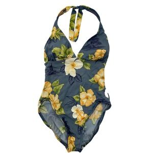La Cabana Swimsuit Women's Size 10 Vintage 80's 90's Blue Hawaiian Flowers